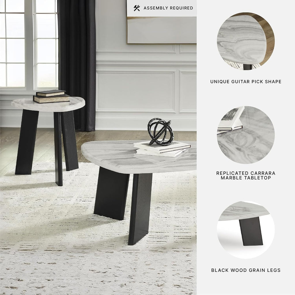 Signature Design by Ashley Lilyberg 3 Piece Coffee Table Set, Black Legs | Engineered wood and decorative laminate, Replicated Carrara marble top, Triangular modern coffee table set, Living room use