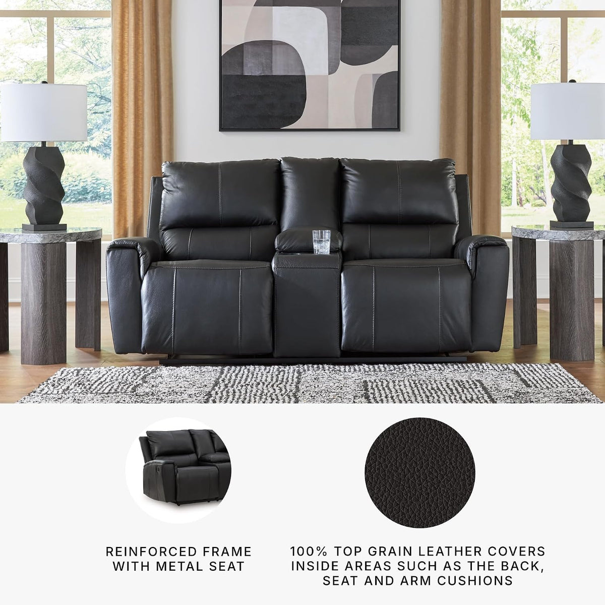 Signature Design by Ashley Leather Reclining Loveseat with Console, Black | Combination of leather and faux leather, Dual manual pull-tabs, Integrated center storage, Glassmere Series