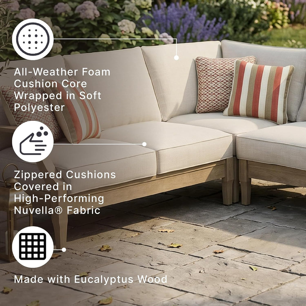 Signature Design by Ashley 4-Piece L-Shape Outdoor Sectional, Wood, Beige | Wood patio furniture set, Eucalyptus frame, Solution-dyed Nuvella fabric, All-weather foam cushions, Clare View Series