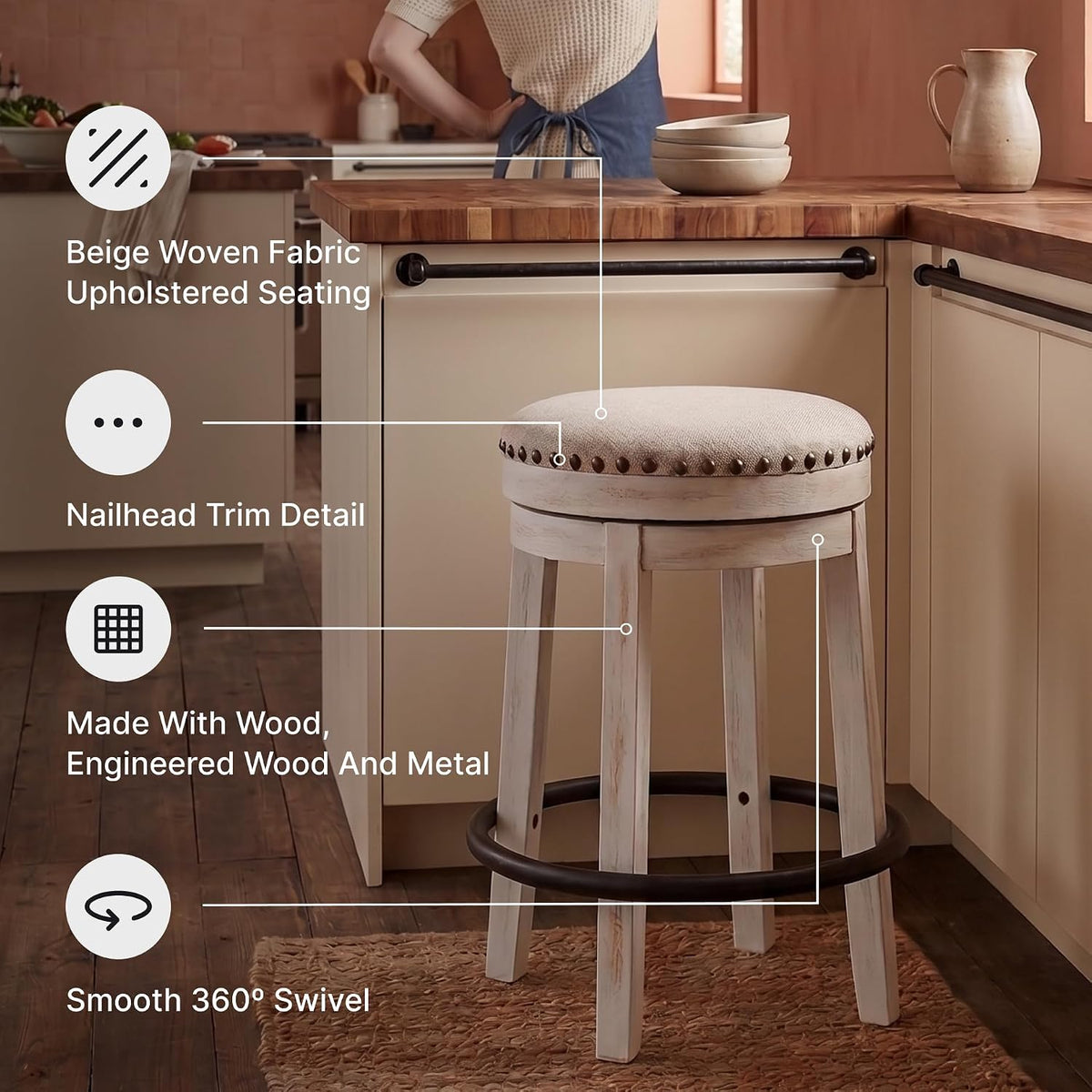 Signature Design by Ashley Valebeck 24 Inch Counter Height Stool | Backless swivel design, Rustic vintage white frame, Cozy beige woven fabric, Metal footrest
