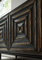 Signature Design by Ashley 72" Black Accent Cabinet Sideboard Buffet | Geometric casual credenza with adjustable shelves, Distressed black wood, veneer and engineered wood, Fair Ridge Series