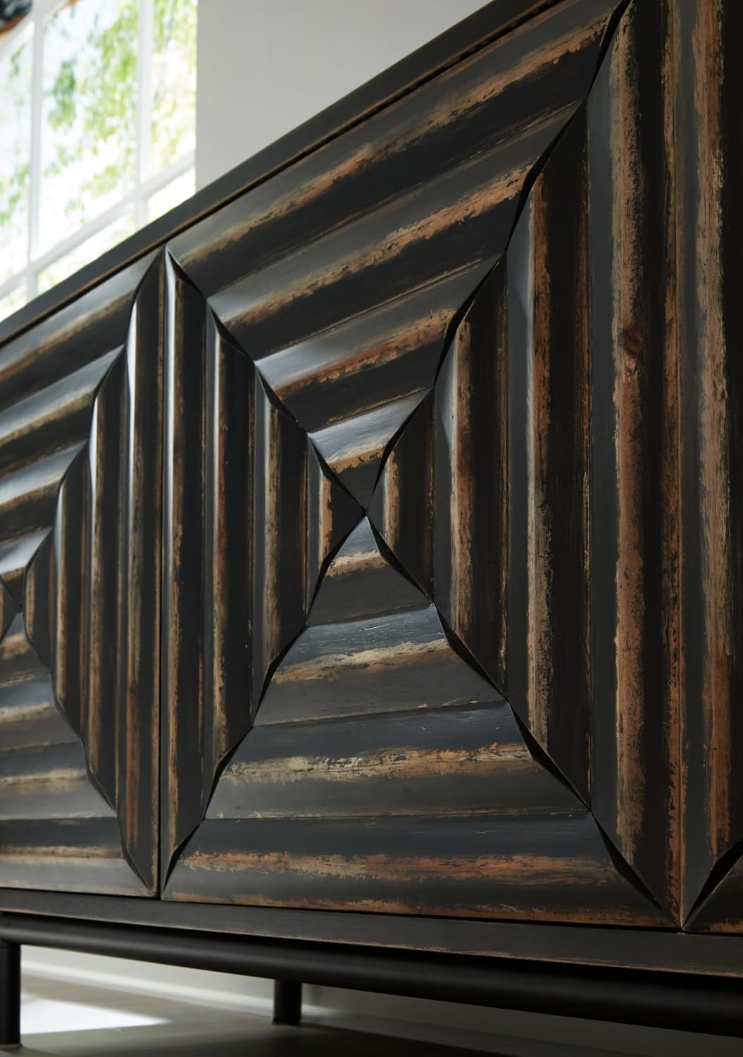 Signature Design by Ashley 72" Black Accent Cabinet Sideboard Buffet | Geometric casual credenza with adjustable shelves, Distressed black wood, veneer and engineered wood, Fair Ridge Series
