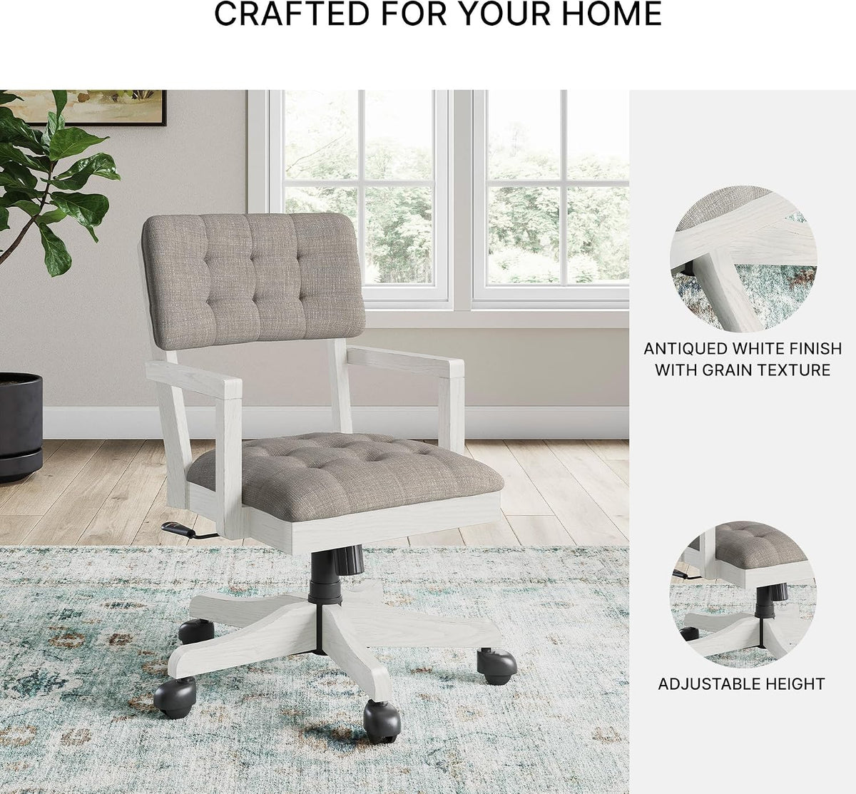 Signature Design by Ashley Robbinsdale Home Office Desk Chair, Farmhouse | Solid wood frame, 360-degree swivel, Tufted light gray fabric, Smooth casters, Adjustable height