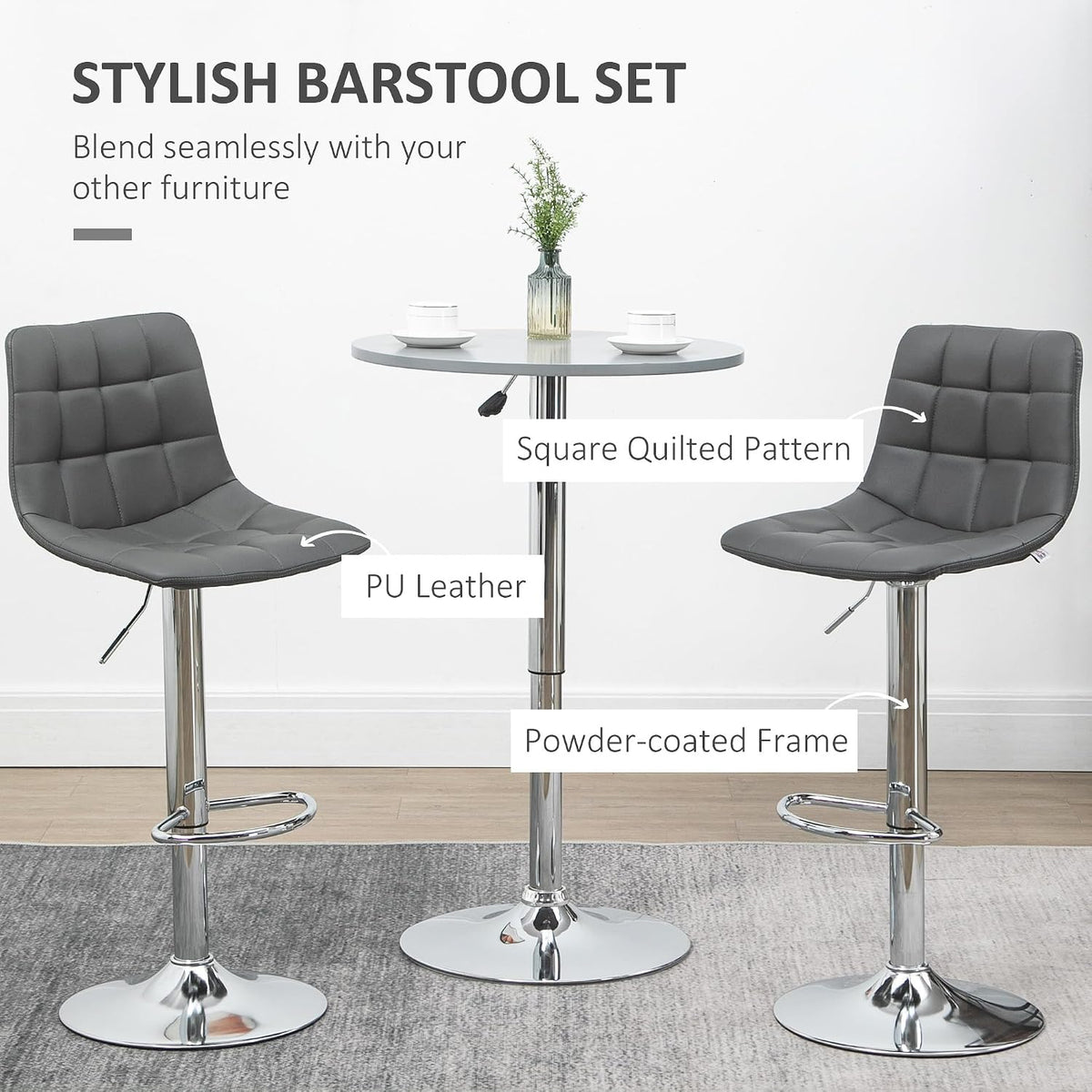 HOMCOM Adjustable Bar Stools Set of 2 Swivel for Kitchen Counter Grey