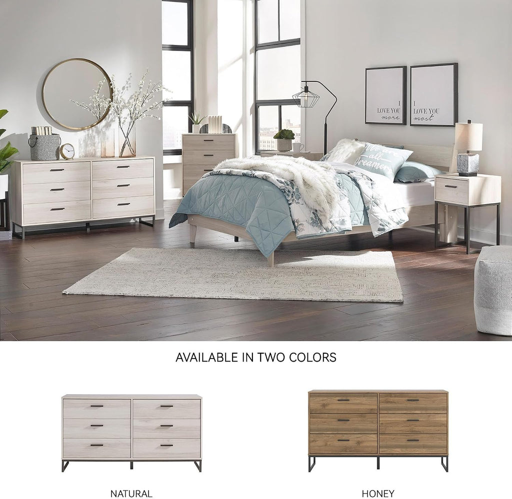 Signature Design by Ashley 6 Drawer Dresser for Bedroom, Light Natural Oak | Textured-grain engineered wood, 6 smooth-glide vinyl-wrapped drawers, Dark pewter pulls, Socalle Series