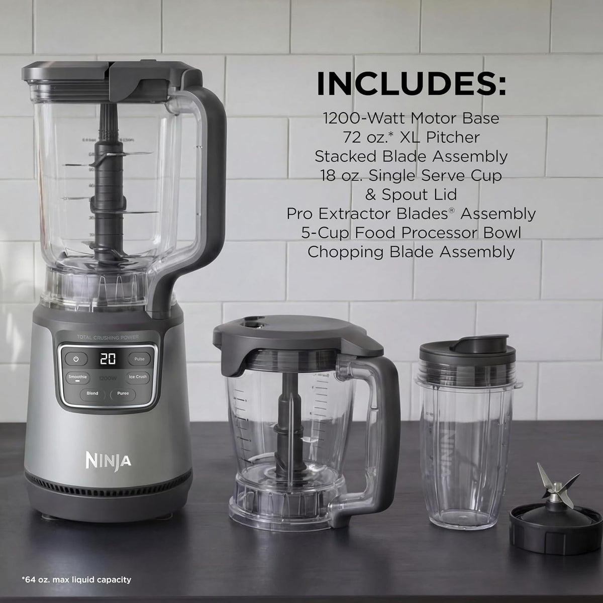 Ninja BlendPro Kitchen System, 72oz Blender, 5-Cup Processor, Beige, BO402 | Total Crushing presets for smoothies, ice crush, purees & extracts. 72-oz blender + 5-cup processor + 18-oz cup. 1200W.