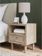 Signature Design by Ashley Cielden Light Brown 1-Drawer USB Nightstand | Two-tone replicated oak and faux cane print, Built-in wireless charging and LED base, Contemporary style for bedrooms
