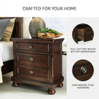 Signature Design by Ashley Porter Traditional Wood Nightstand, Brown | Veneers, wood and engineered wood, 2 smooth-operating drawers, Hidden pull-out tray, Felt bottom, Bun feet