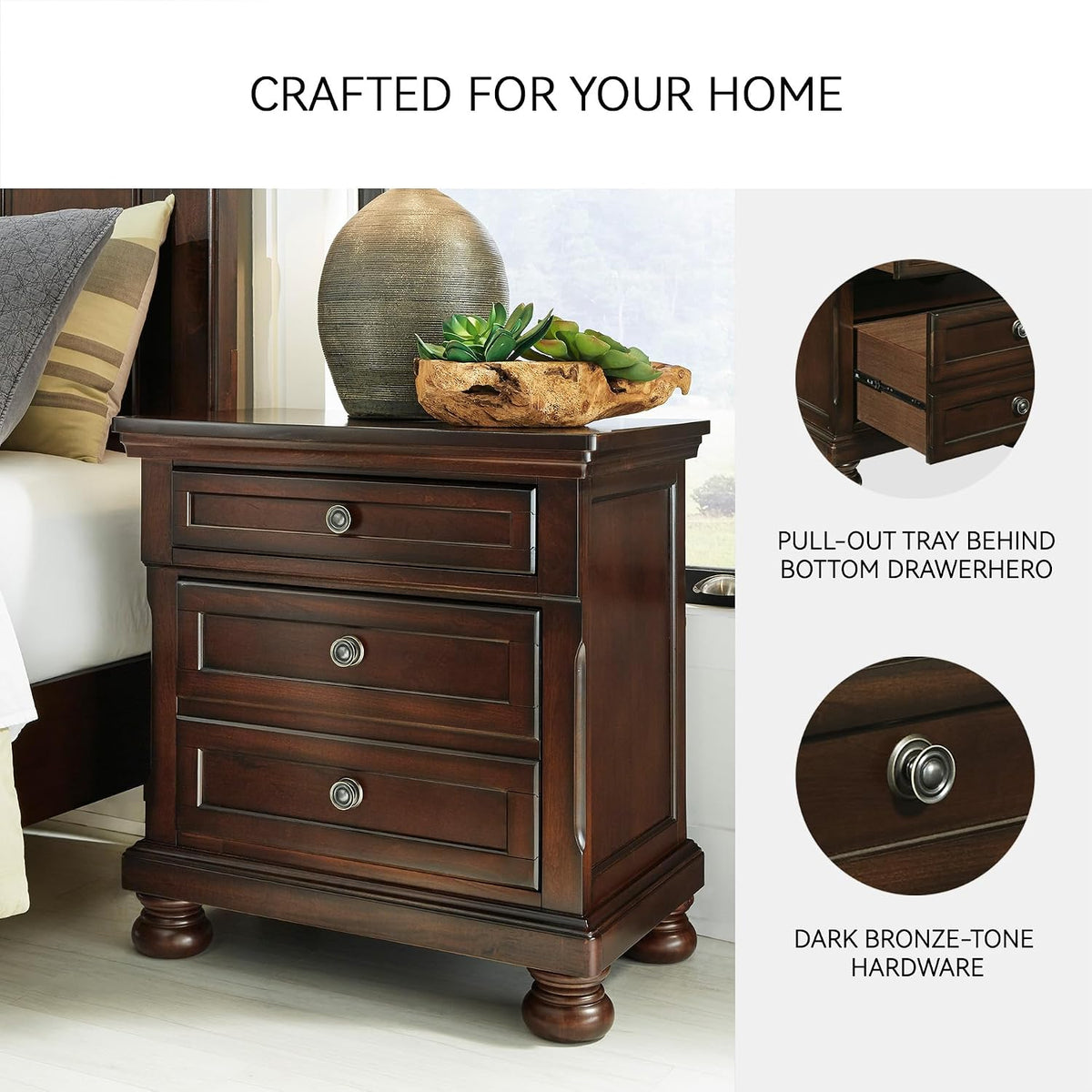 Signature Design by Ashley Porter Traditional Wood Nightstand, Brown | Veneers, wood and engineered wood, 2 smooth-operating drawers, Hidden pull-out tray, Felt bottom, Bun feet
