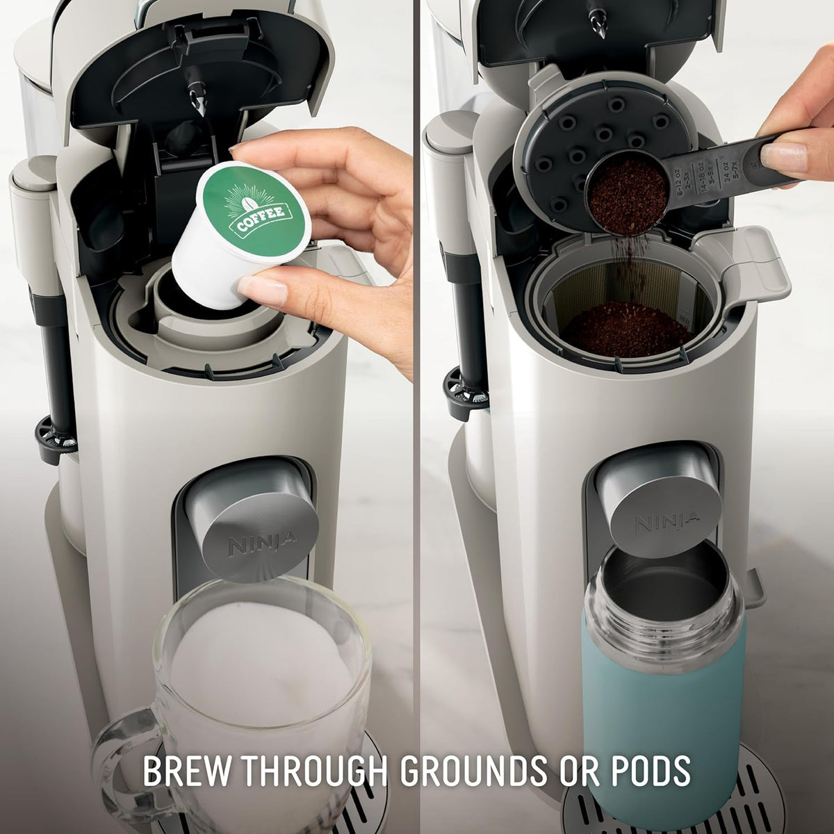 Ninja Pod and Grounds Coffee Maker, K-Cup Compatible, Stone, PB051ST | Brews, Compact Design, Built-in Milk Frother, 56 Ounces Reservoir, 6 Ounces Cup to 24 Ounces Mug Sizes
