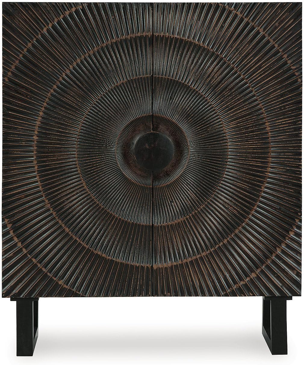 Signature Design by Ashley Fosterman Tall Sunburst Accent Cabinet, Black | Carved sunburst doors, Solid and engineered wood, 15-minute easy assembly, Storage credenza
