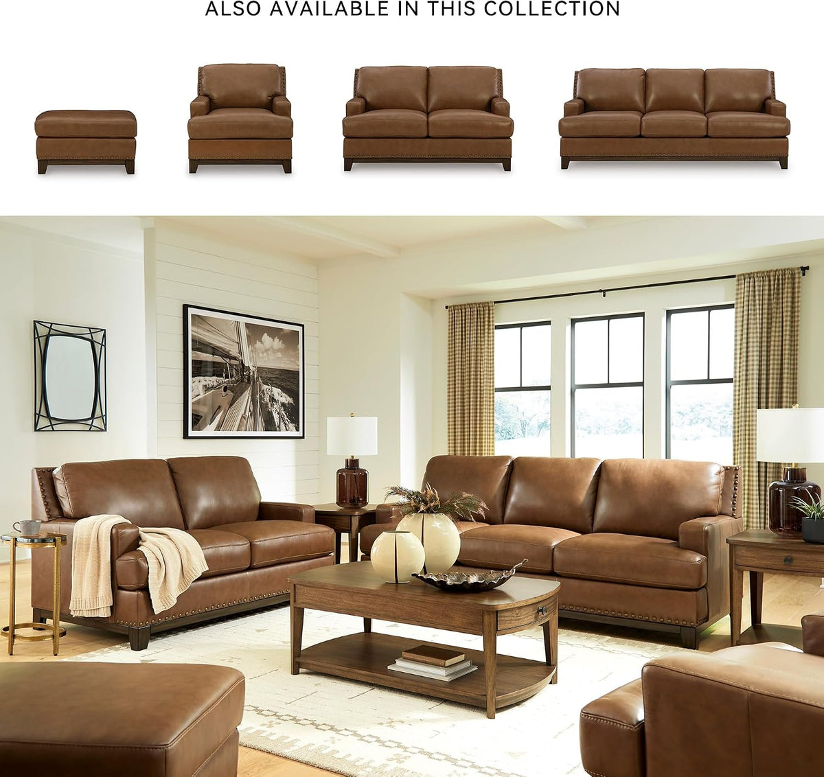 Signature Design by Ashley Oversized Brown Leather Accent Chair, Amber | Genuine and faux leather with brass-tone nailhead trim, Faux wood base, No assembly living room chairs, Brendola Series