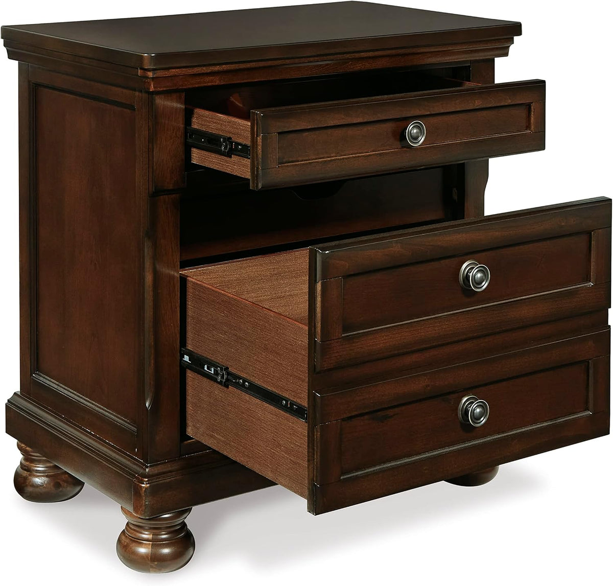 Signature Design by Ashley Porter Traditional Wood Nightstand, Brown | Veneers, wood and engineered wood, 2 smooth-operating drawers, Hidden pull-out tray, Felt bottom, Bun feet