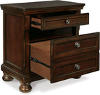Signature Design by Ashley Porter Traditional Wood Nightstand, Brown | Veneers, wood and engineered wood, 2 smooth-operating drawers, Hidden pull-out tray, Felt bottom, Bun feet