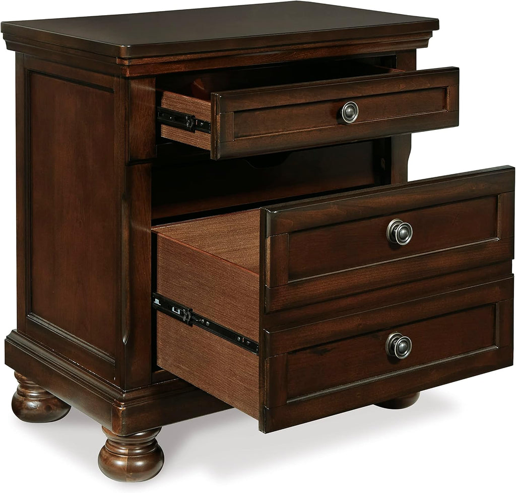 Signature Design by Ashley Porter Traditional Wood Nightstand, Brown | Veneers, wood and engineered wood, 2 smooth-operating drawers, Hidden pull-out tray, Felt bottom, Bun feet