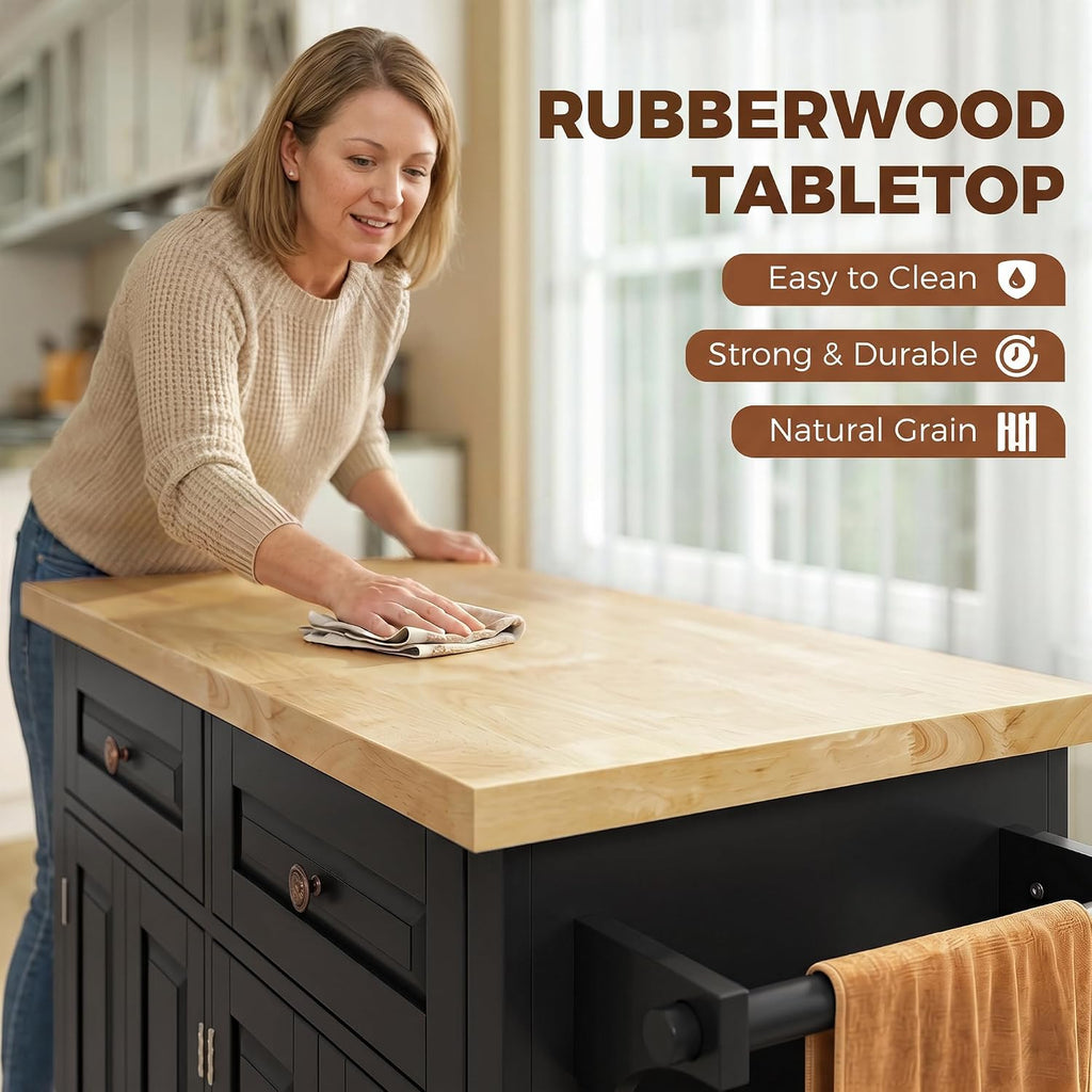 HOMCOM Kitchen Island on Wheels, Rubberwood Top, Spice Rack, Black