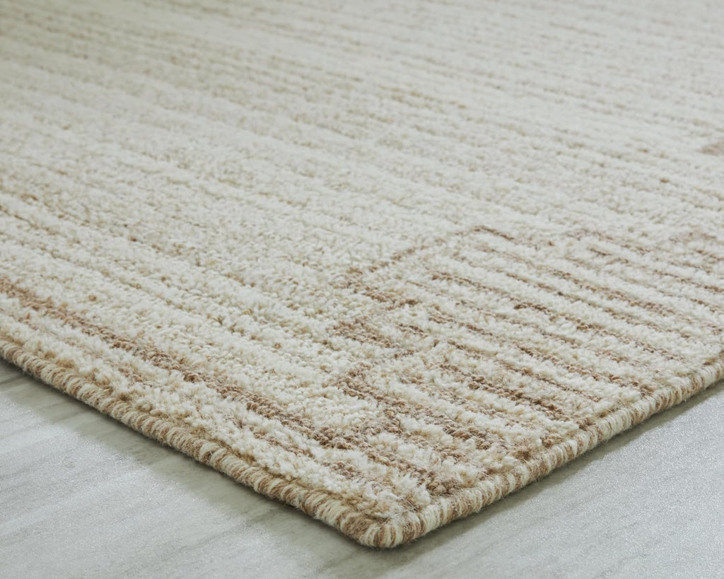 Signature Design by Ashley Wool Area Rug, Extra Large 10x14, Brown/Beige | 100% natural wool tufted construction, Modern stepped border in brown and beige, Oversized footprint, Emorymore Series