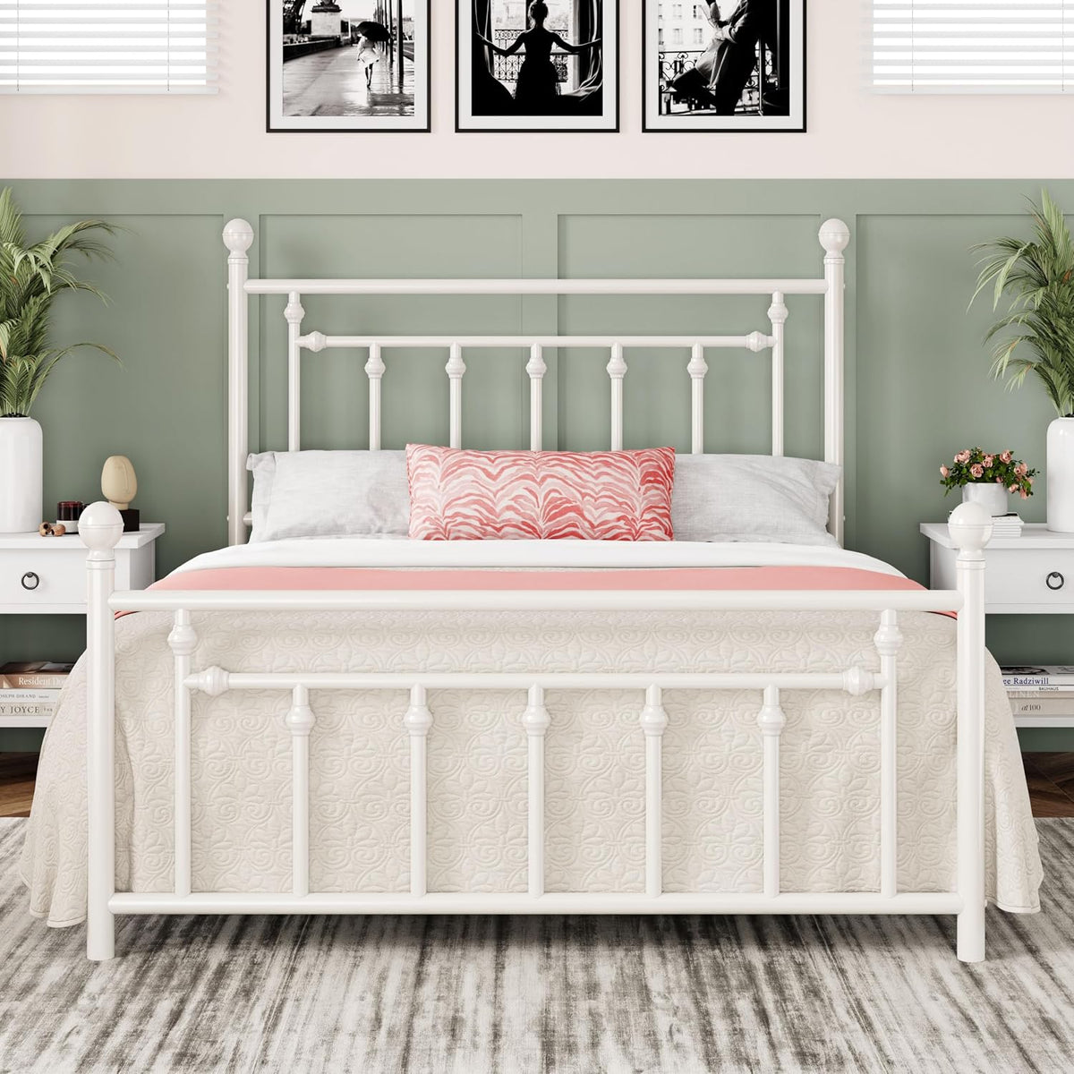 Allewie 14'' Queen Size Metal Platform Bed Frame, Vintage Headboard, White