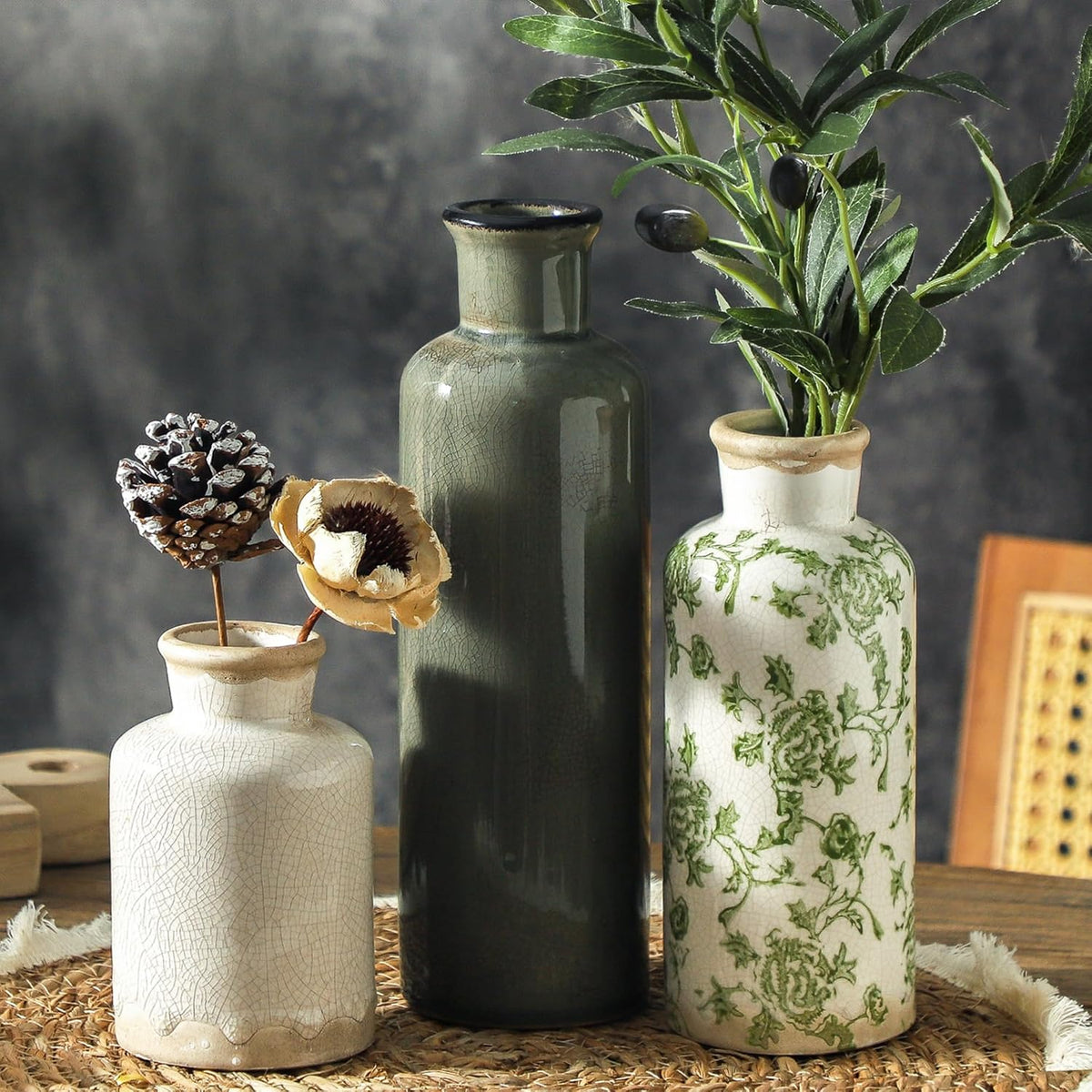 Ceramic Vases Set of 3, Whitewashed Neutral Flower Vases Home Decor, Pottery Rustic Farmhouse Decorative Vases Modern Decor for Table Mantel Entryway Bookshelf Living Room Kitchen Bedroom