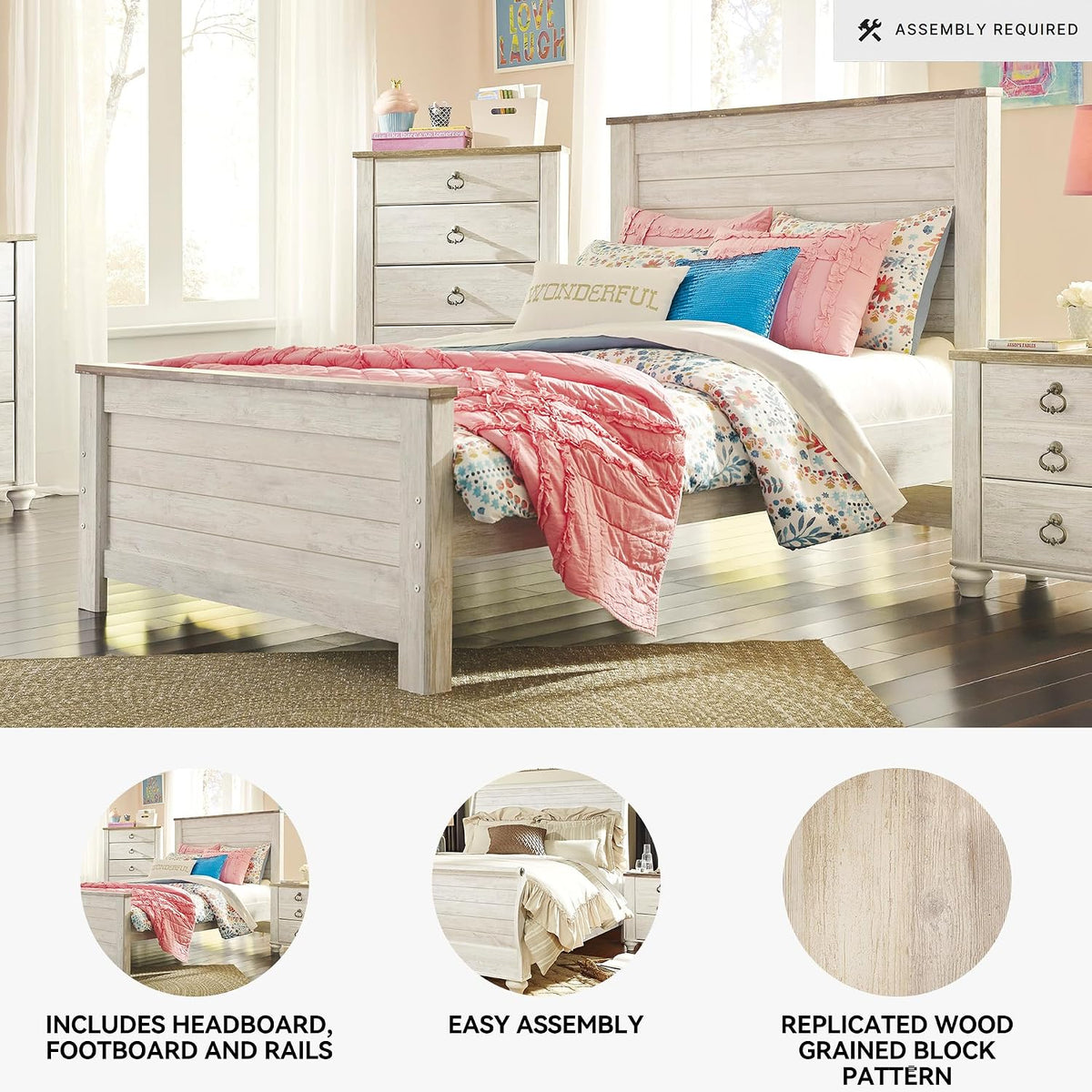 Signature Design by Ashley Coastal Wood Full Panel Bed, Whitewash | Durable engineered wood construction, Rustic whitewash finish, Includes headboard, footboard, and rails, Willowton Series