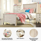 Signature Design by Ashley Coastal Wood Full Panel Bed, Whitewash | Durable engineered wood construction, Rustic whitewash finish, Includes headboard, footboard, and rails, Willowton Series