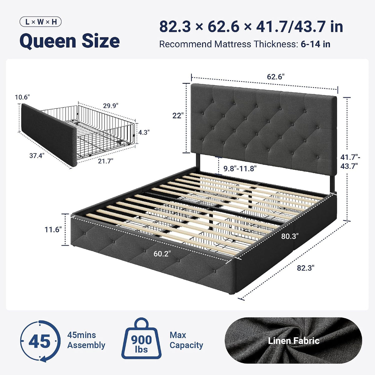 Allewie Queen Size Storage Bed Frame with 4 Underbed Drawers, Upholstered Platform Bed with Adjustable Headboard, Diamond Button Tufted, Easy Assembly, Noise-Free, No Box Spring Needed, Dark Grey