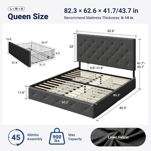 Allewie Queen Size Storage Bed Frame with 4 Underbed Drawers, Upholstered Platform Bed with Adjustable Headboard, Diamond Button Tufted, Easy Assembly, Noise-Free, No Box Spring Needed, Dark Grey