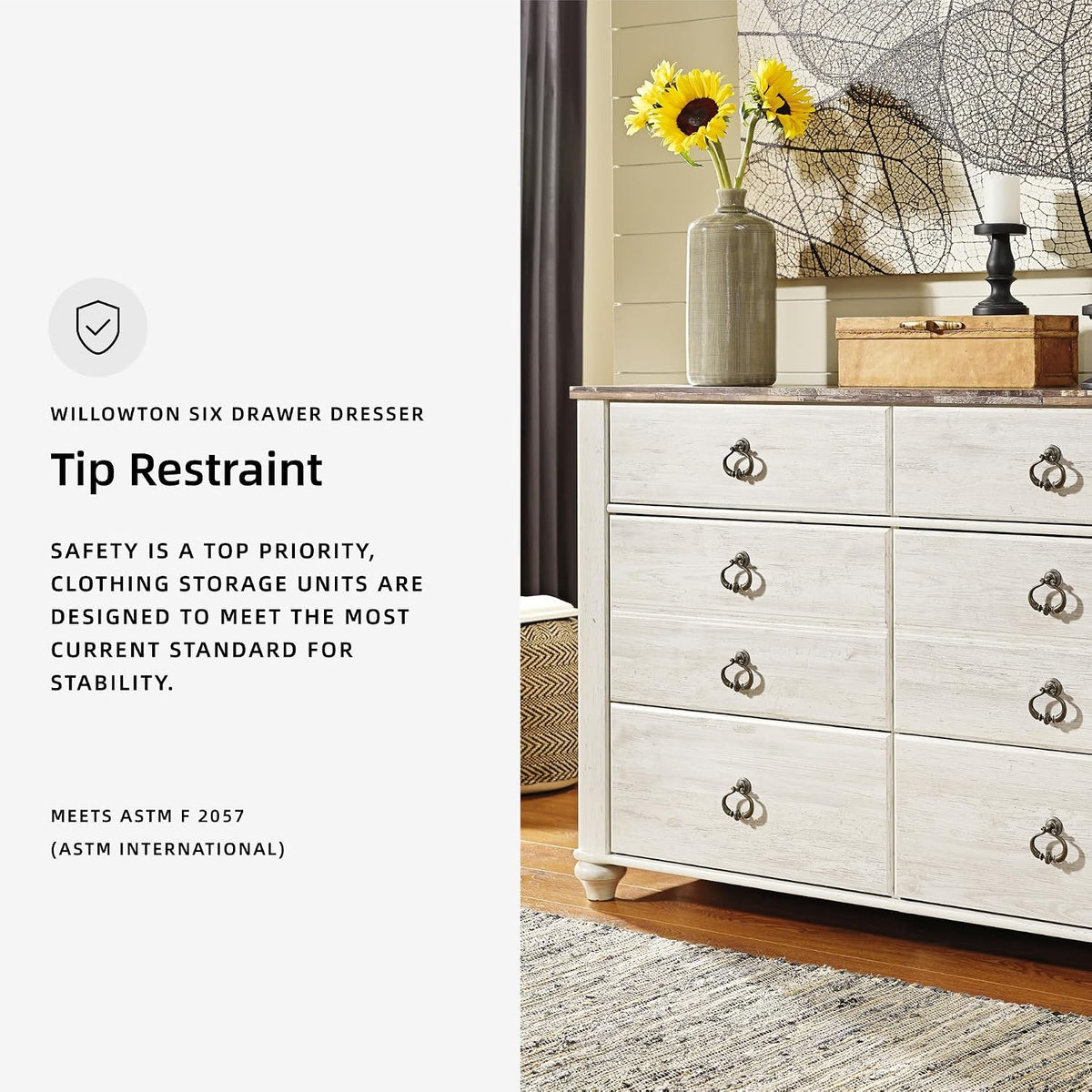 Signature Design by Ashley Willowton 6-Drawer Coastal Dresser, Whitewash | 6 drawer capacity, Coastal farmhouse style, Textured whitewash finish, Driftwood plank effect top, ASTM F 2057 compliant