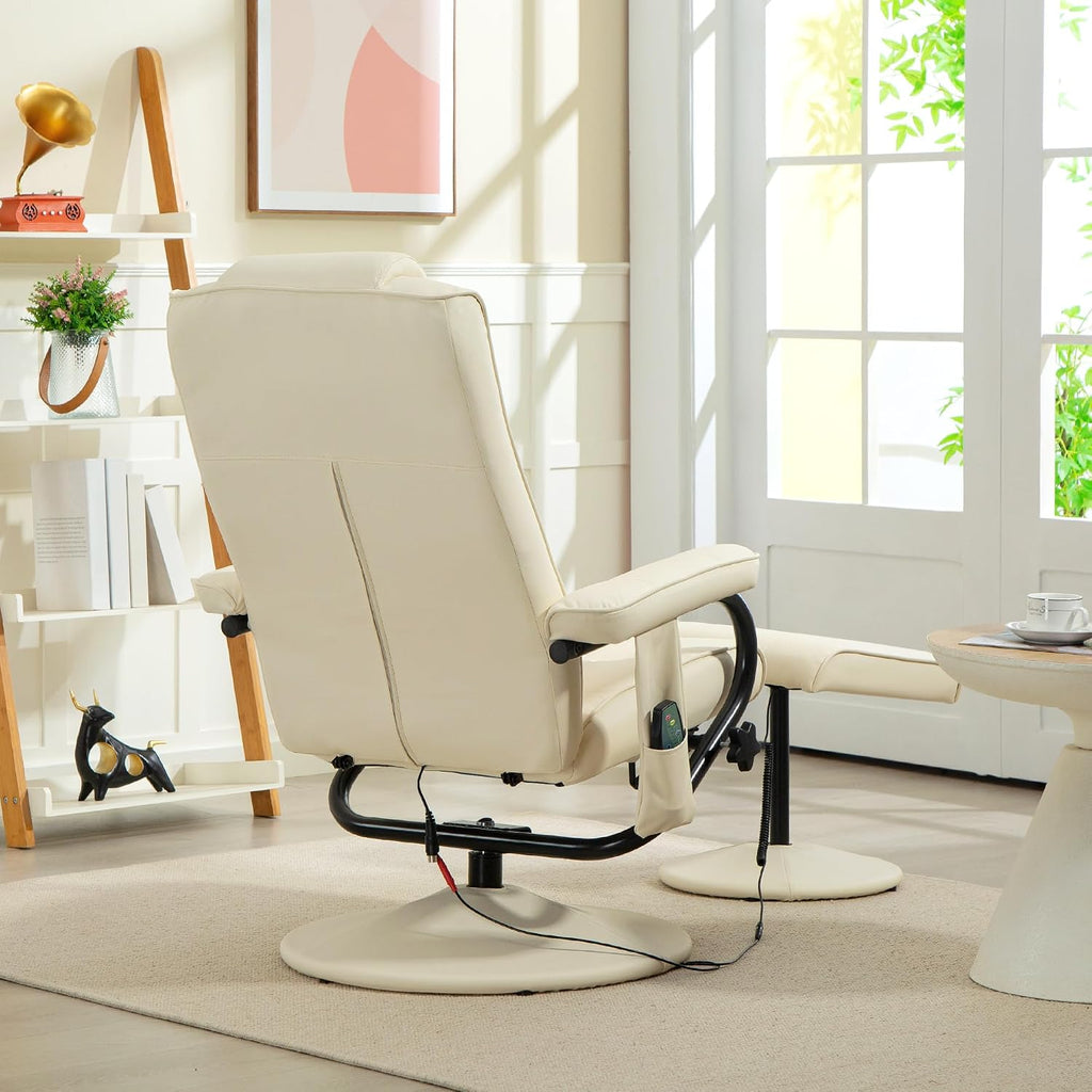 HOMCOM Swivel Recliner Chair and Footstool, Massage Recliner, Cream White
