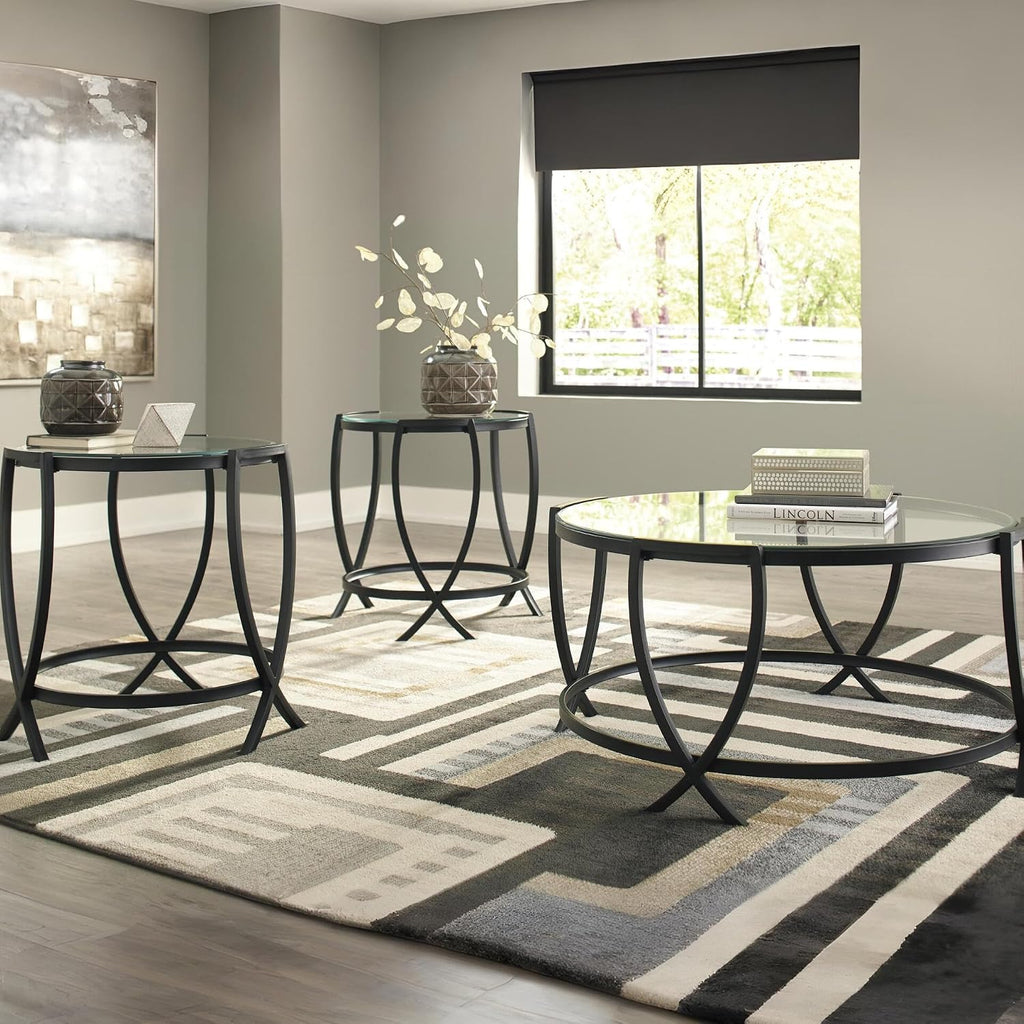 Signature Design by Ashley 3-Piece Glass Top Round Coffee Table Set, Black | Elegant beveled tempered glass, Modern arc-X metal frames, Space-saving Tarrin Series 3-piece set