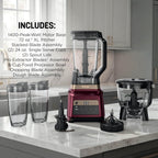 Ninja Professional Plus Kitchen System, 1400WP, Auto-iQ, Red, BN801RD1BRN | 5 functions for smoothies, chopping & dough with Auto-iQ. 72-oz blender pitcher, 64-oz processor, (2) 24-oz cups.