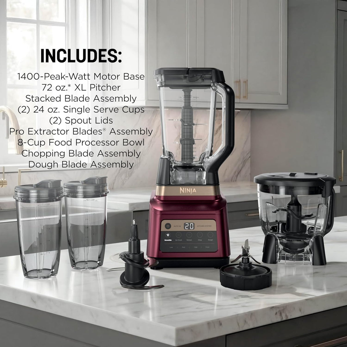 Ninja Professional Plus Kitchen System, 1400WP, Auto-iQ, Red, BN801RD1BRN | 5 functions for smoothies, chopping & dough with Auto-iQ. 72-oz blender pitcher, 64-oz processor, (2) 24-oz cups.