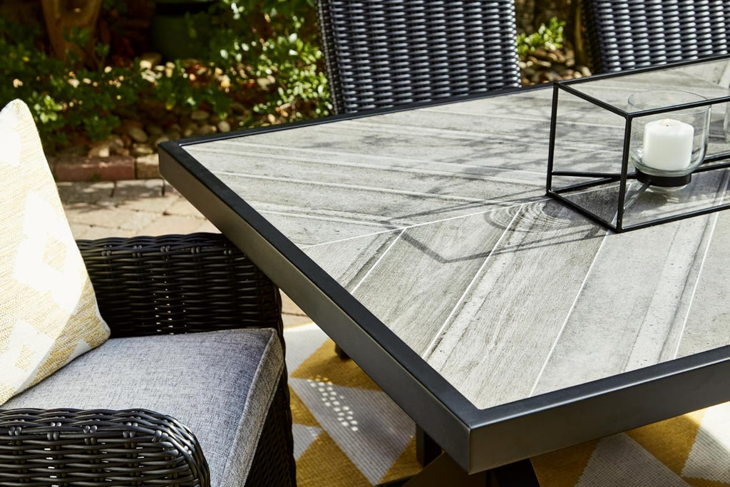 Signature Design by Ashley Beachcroft Outdoor Dining Table, Rust-Resistant Farmhouse Design with Porcelain Tabletop and Umbrella Hole, for Patio Entertaining, Black/Light Gray, 84-Inch