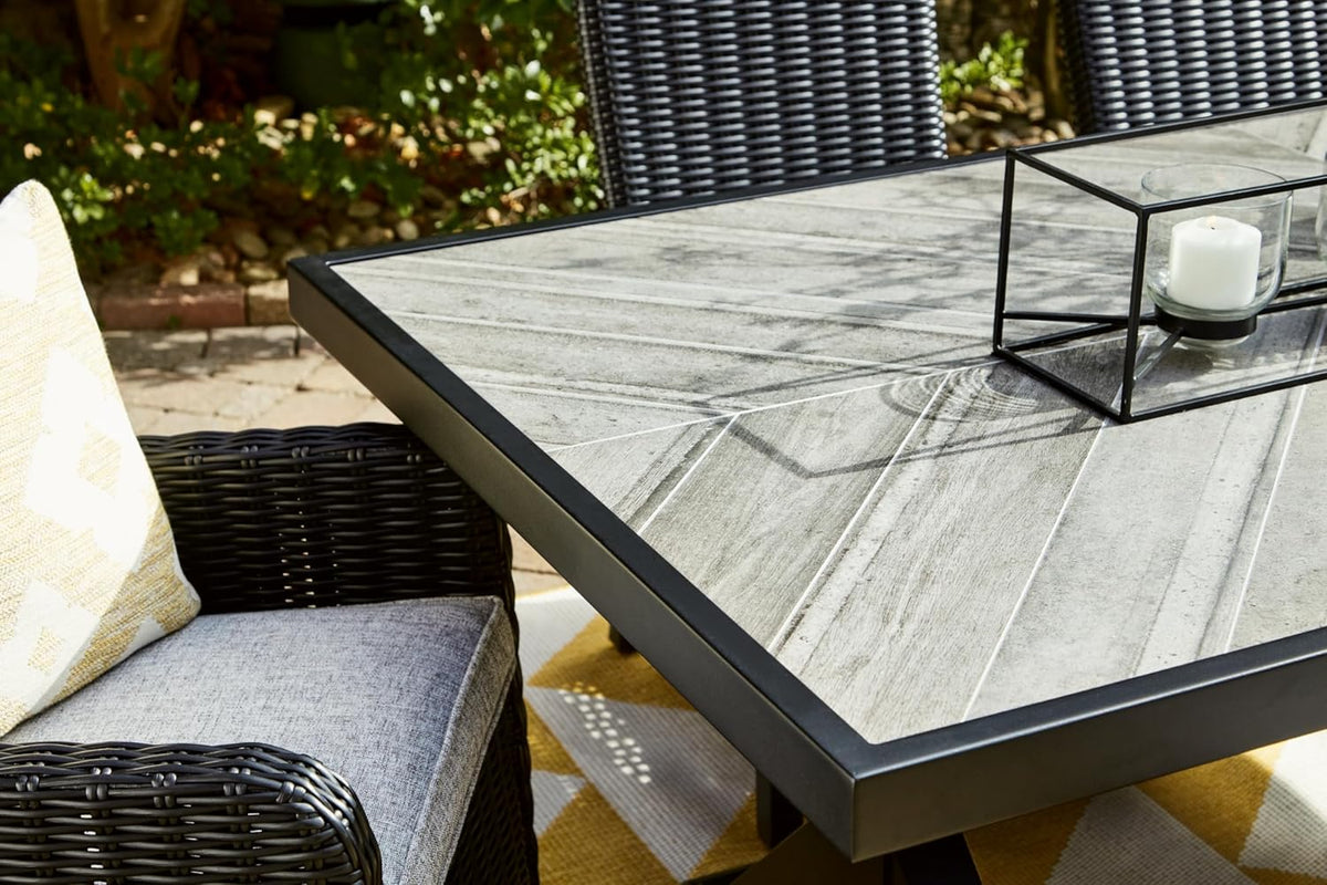 Signature Design by Ashley Beachcroft Outdoor Dining Table, Rust-Resistant Farmhouse Design with Porcelain Tabletop and Umbrella Hole, for Patio Entertaining, Black/Light Gray, 84-Inch