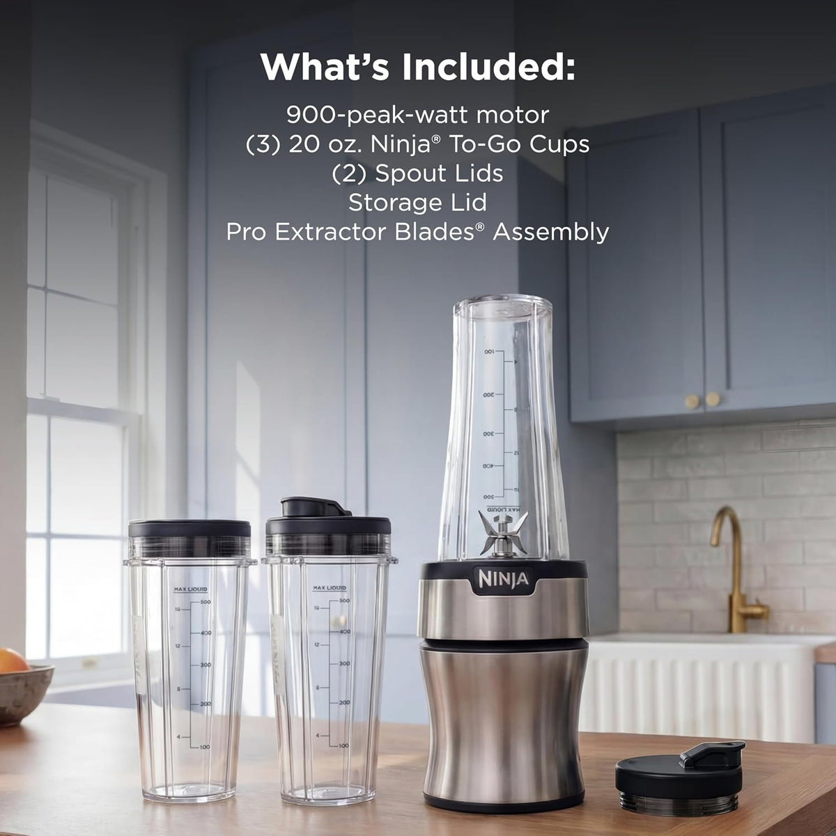 Ninja Nutri-Plus Personal Blender, 900PW, (3) 20oz Cups, Silver, BN301 | 900-peak-watt push-to-blend motor for smoothies & sauces. (3) 20-oz cups, 2 spout lids & storage lid. Dishwasher safe.