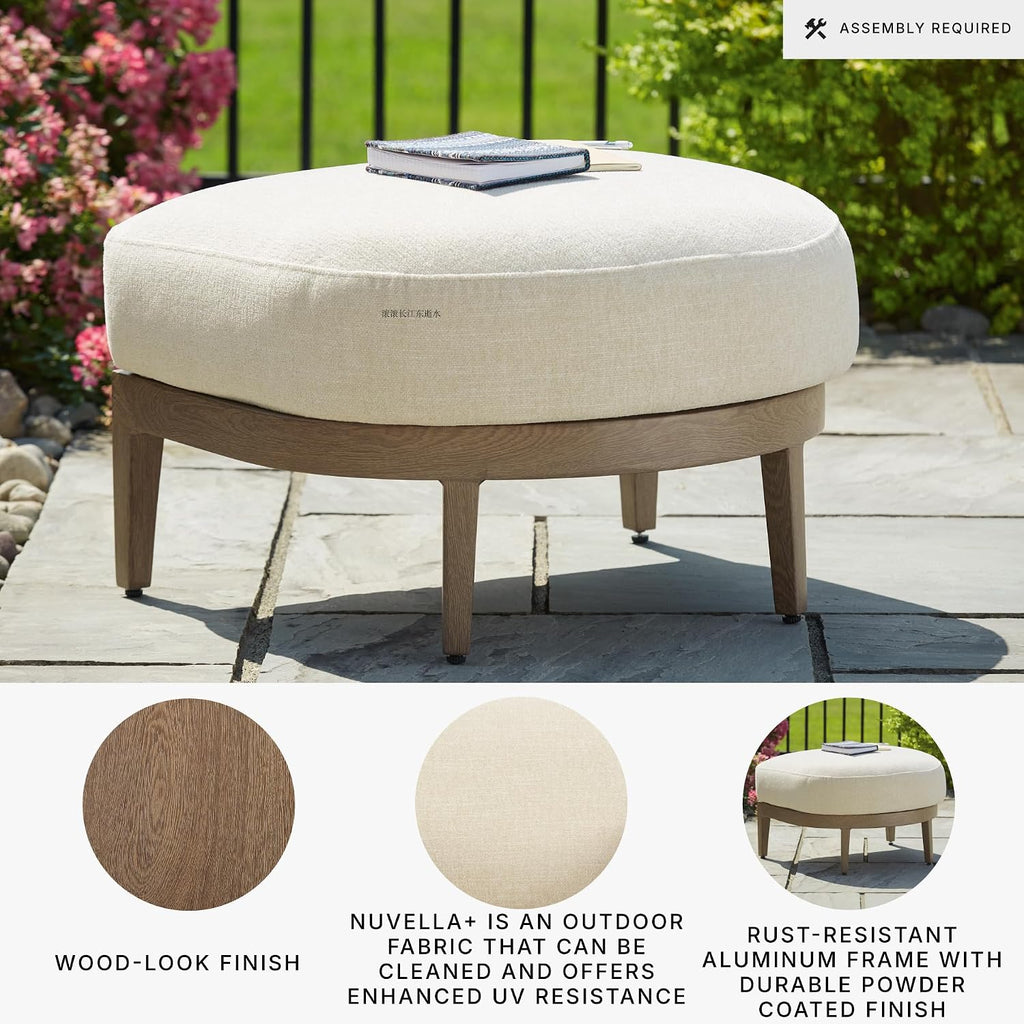 Signature Design by Ashley Outdoor Ottoman with Cushion, Brown | Aluminum frame outdoor footstool, Wood-look finish, High-performance polyester fabric patio ottoman, Serene Bay Series