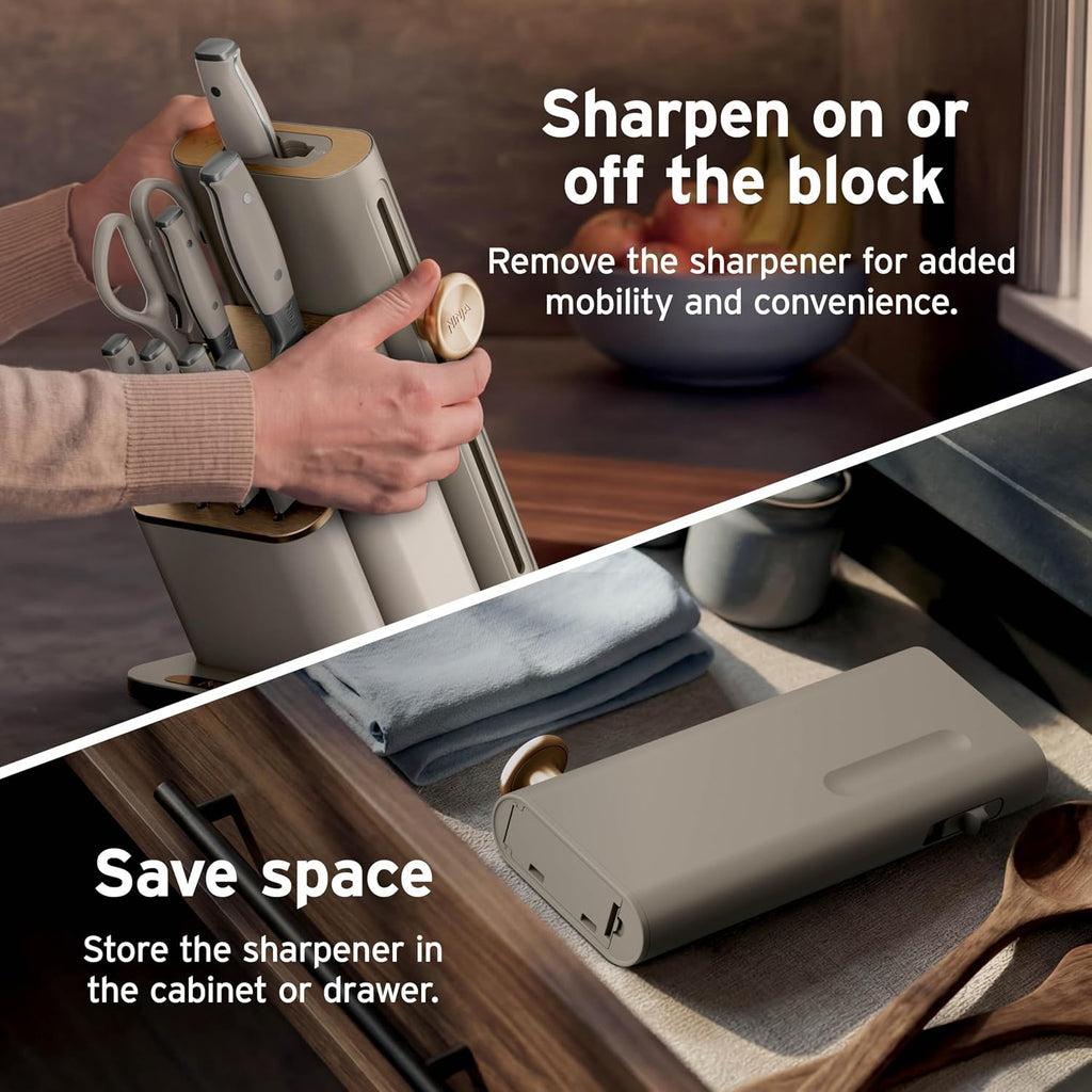 Ninja® NeverDull® 10-Pc German Steel Knife Set, Stone Gold, NK32010SD1 | Stays razor-sharp 10+ years. Premium German steel. Removable sharpener stores in a drawer saving up to 35% more counter space