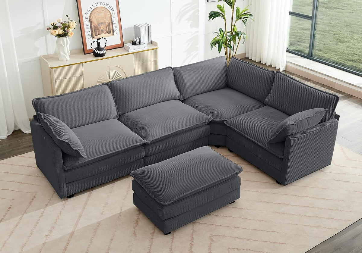 ROWHY 112'' Sectional Modular Cloud Couch, Oversized 5 Seat Couches U Shaped Sofa with 2 Movable Ottomans, 2 Throw Pillows, Upholstered Corduroy U Shape Comfy Deep Couches for Living Room, Beige