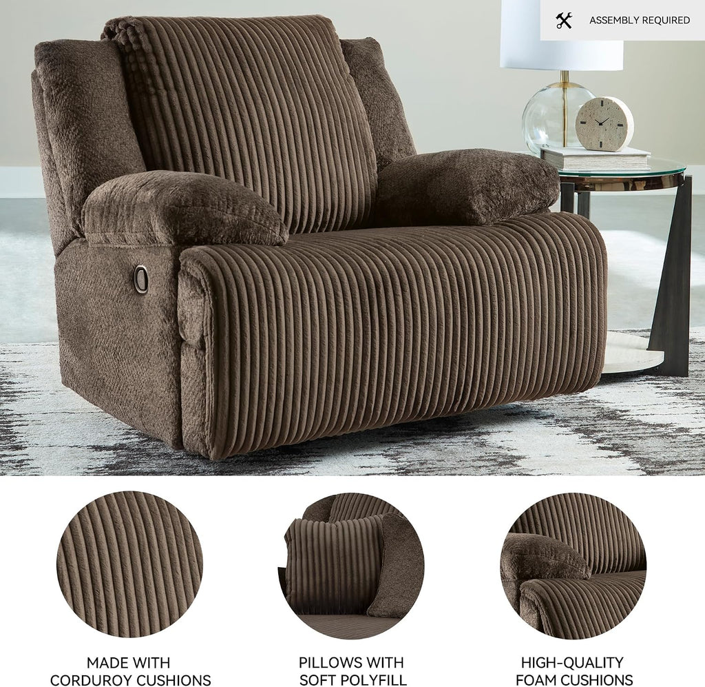 Signature Design by Ashley Top Tier Rocker Recliner Chair, Oversized Wide Seat, Cozy Corduroy Velvet Polyester Upholstery, Manual Pull Tab Lounge Chair for Living Room, No Assembly Required, Chocolate