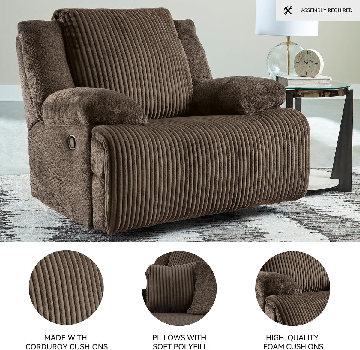 Signature Design by Ashley Top Tier Rocker Recliner Chair, Oversized Wide Seat, Cozy Corduroy Velvet Polyester Upholstery, Manual Pull Tab Lounge Chair for Living Room, No Assembly Required, Chocolate