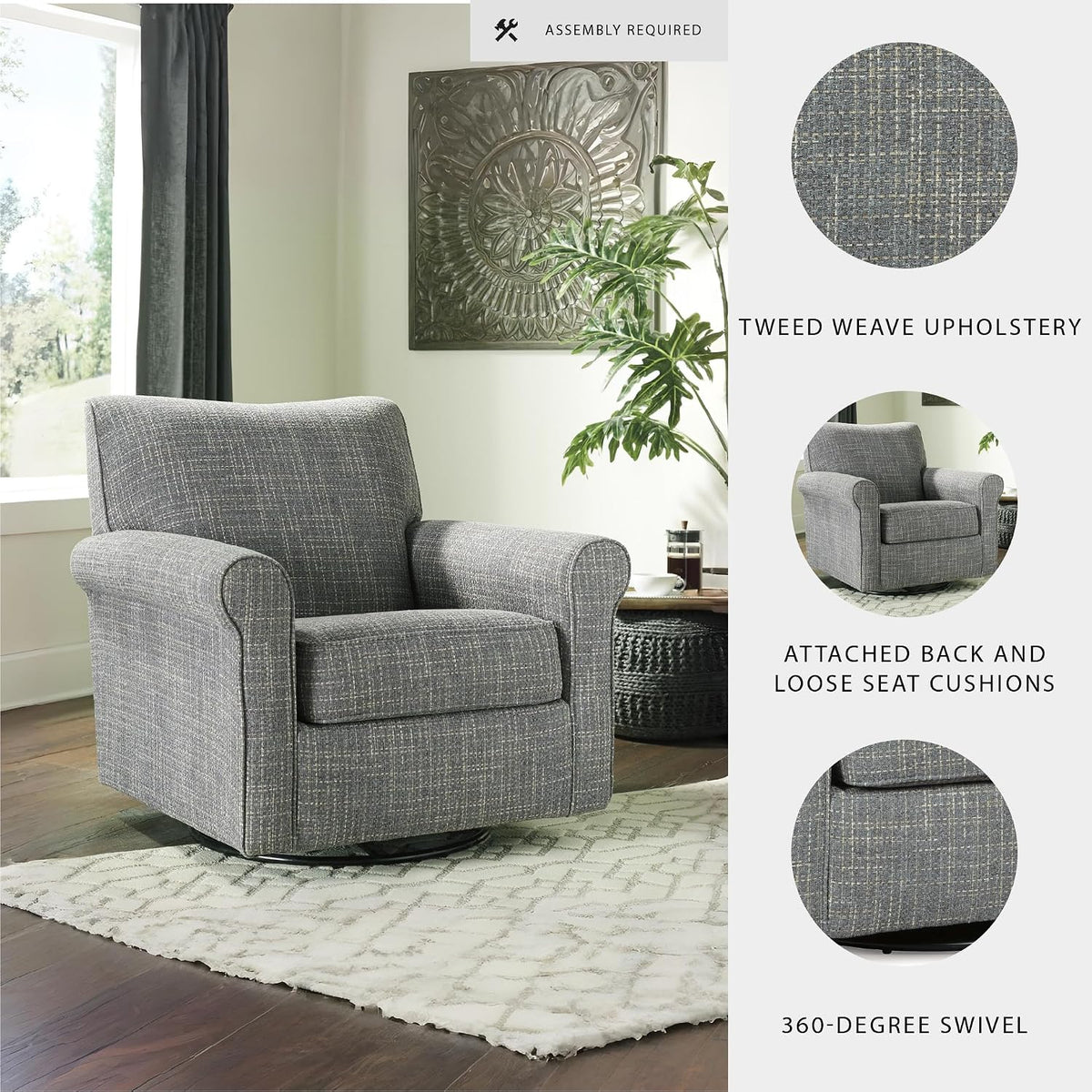 Signature Design by Ashley Renley Tweed Glider Swivel Accent Chair, Ash | Multi-tonal polyester, rayon, and acrylic upholstery, 360-degree rotation for living rooms and home offices