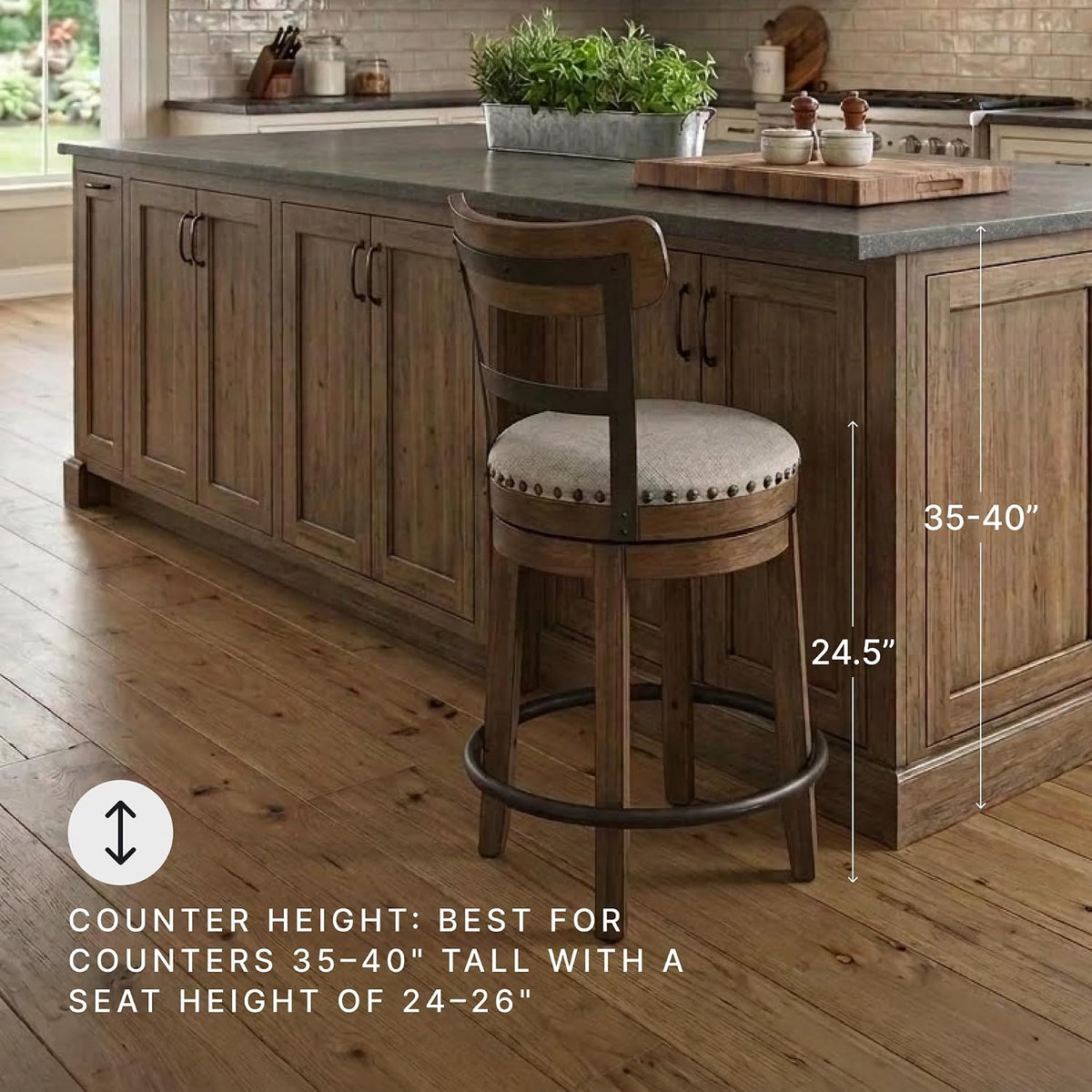 Signature Design by Ashley Valebeck Counter Height Bar Stool, Brown | Rustic-industrial wood and metal stool, Cushioned comfort, Tailored nailhead trim, Smooth 360-degree swivel