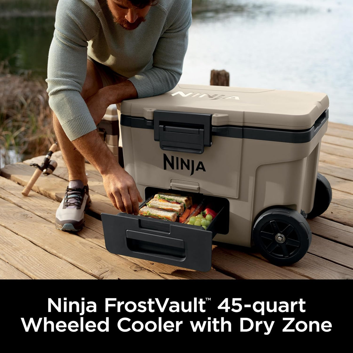 Ninja FrostVault™ 65qt Cooler with Wheels, Dry Storage Drawer, Birch Beige | Ninja FrostVault's 65-qt capacity holds 97 cans, keeps food cool & dry, and rolls easily on all-terrain wheels
