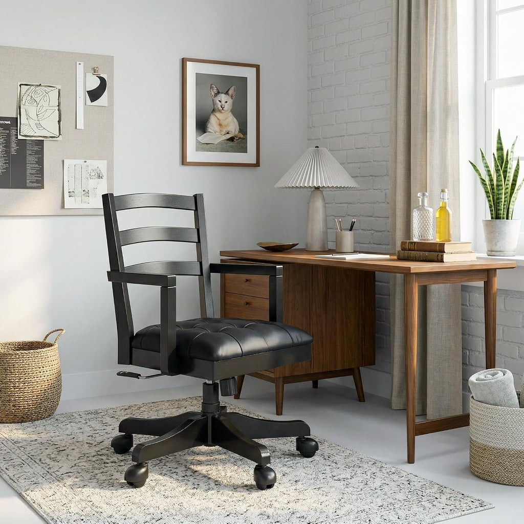 Signature Design by Ashley Wildenauer 1-Piece Swivel Desk Chair, Black | Wood swivel desk chair, Classic ladder back design, Foam cushioned seat, Durable black polyester fabric