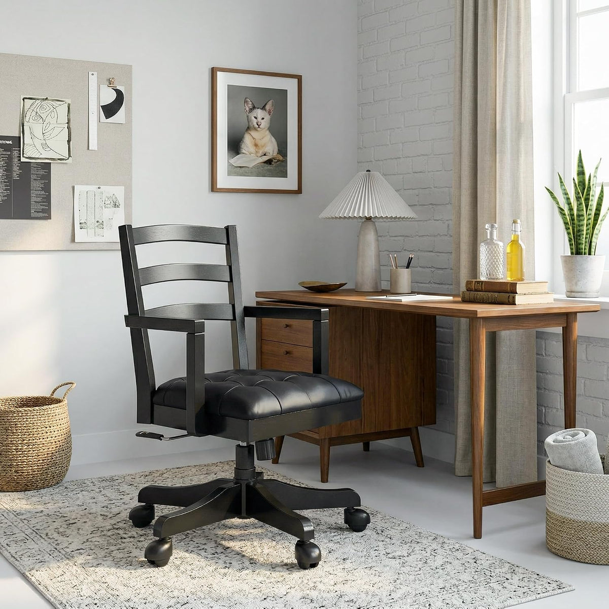 Signature Design by Ashley Wildenauer 1-Piece Swivel Desk Chair, Black | Wood swivel desk chair, Classic ladder back design, Foam cushioned seat, Durable black polyester fabric