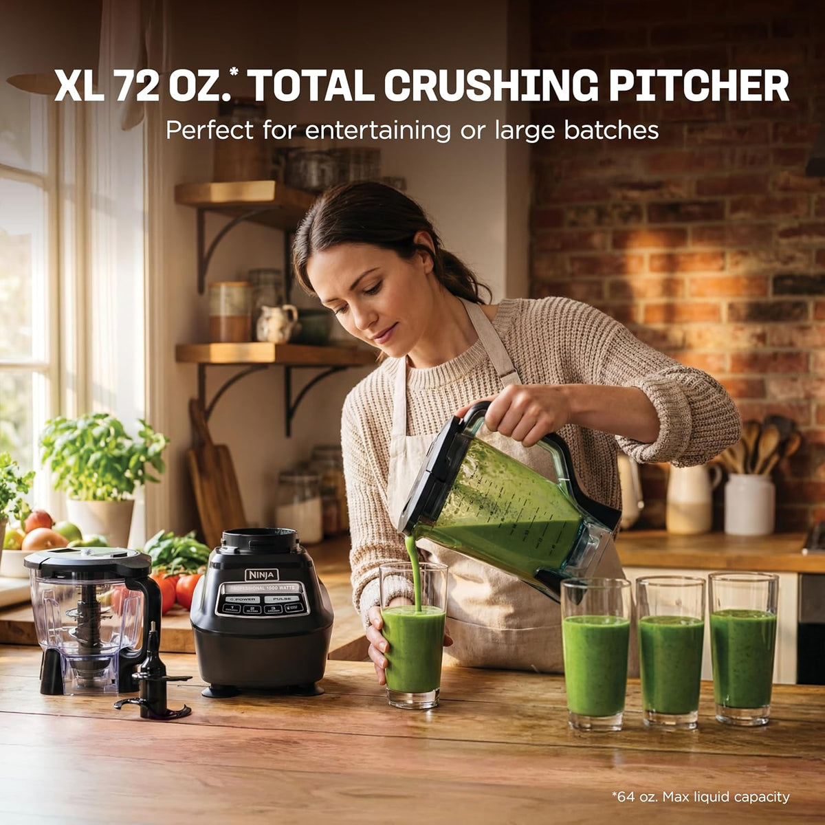 Ninja Mega Kitchen System, 1500W, 72oz Pitcher, 8-Cup, Black, BL770 | 1500W all-in-one blends smoothies, processes salsa & dough. 72-oz pitcher, 8-cup processor bowl, (2) 16-oz cups.
