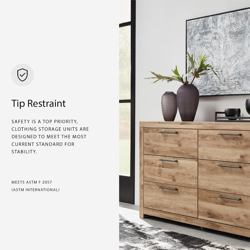 Signature Design by Ashley 6 Drawer Dresser for Bedroom, Golden Oak | 5-minute quick assembly, Contemporary tan brown finish, Durable engineered wood, Hyanna Series