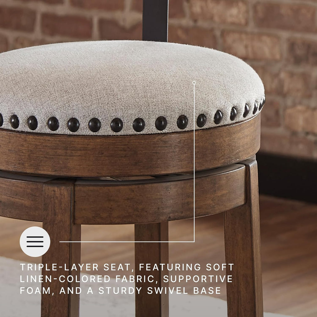 Signature Design by Ashley Valebeck Counter Height Bar Stool, Brown | Rustic-industrial wood and metal stool, Cushioned comfort, Tailored nailhead trim, Smooth 360-degree swivel