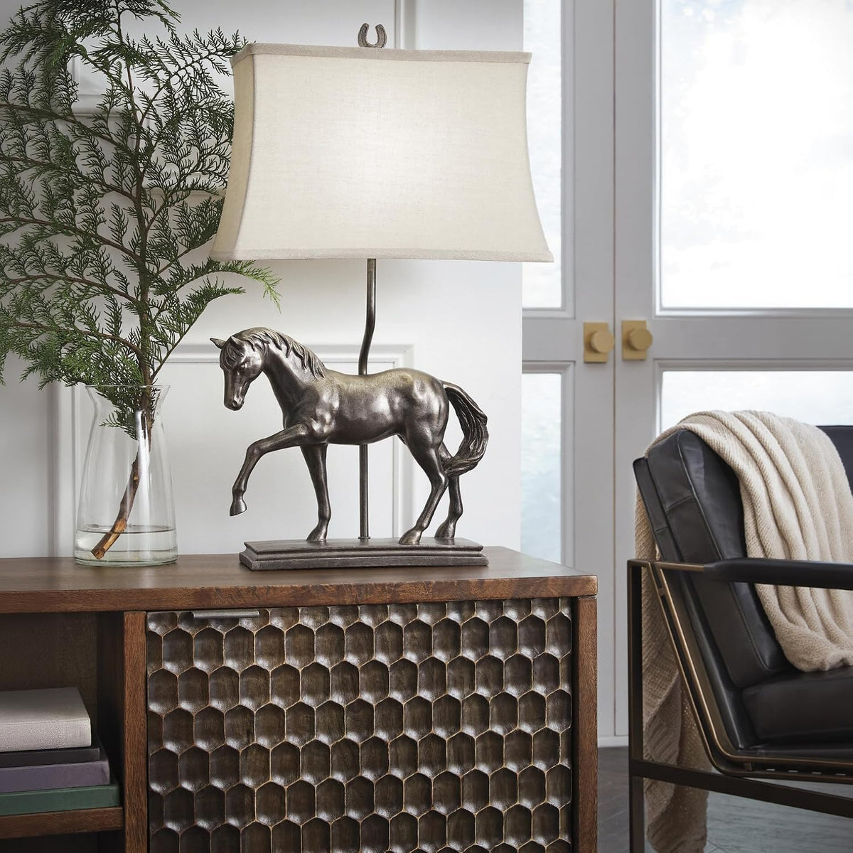 Signature Design by Ashley Sandorman Horse Table Lamp, Bronze | Stately equine polyresin sculpture base, 3-way rotary switch with dark fabric shade, Ideal for living rooms and bedrooms