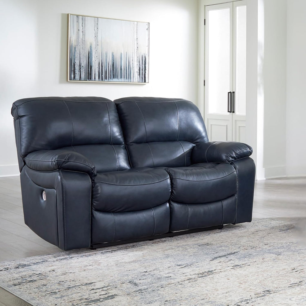 Signature Design by Ashley Leesworth Power Reclining Loveseat, Ocean Blue | Space-saving zero wall design, Top grain leather touchpoints, Built-in zero-draw USB ports, 32 in minimum doorway width
